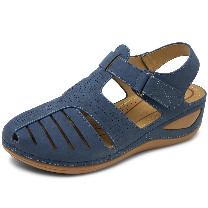 SHIBEVER Women's Wedge Sandals Summer: Closed Toe Platform Comfortable Dressy Wedge Sandals Royal Blue Size 9 - Image 1